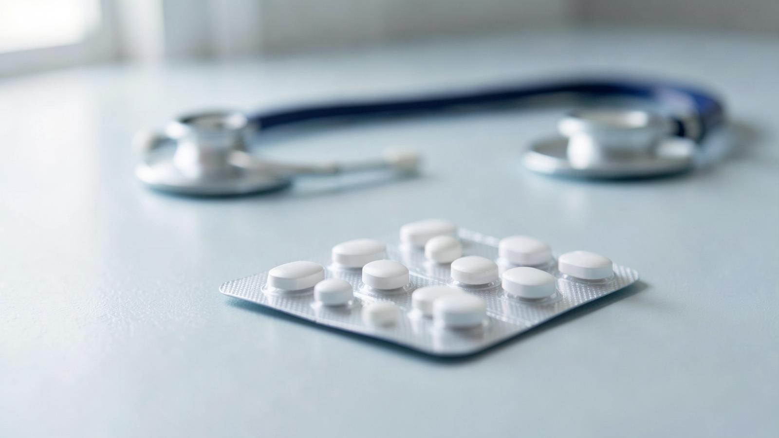 Vita tabletter av acetylsalicylsyra i förpackning intill stetoskop – nytta och risk med ASA för hjärtat