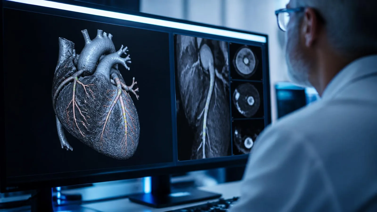 Läkare granskar 3D-rekonstruktion av kranskärl från datortomografi med AI-markerade placksegment på bildskärm