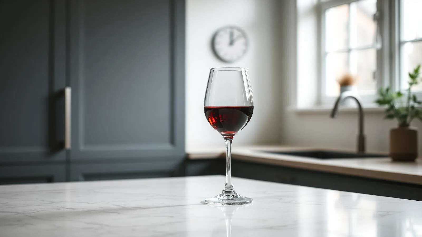 Ett glas rödvin på en ljus köksbänk i skandinaviskt morgonljus