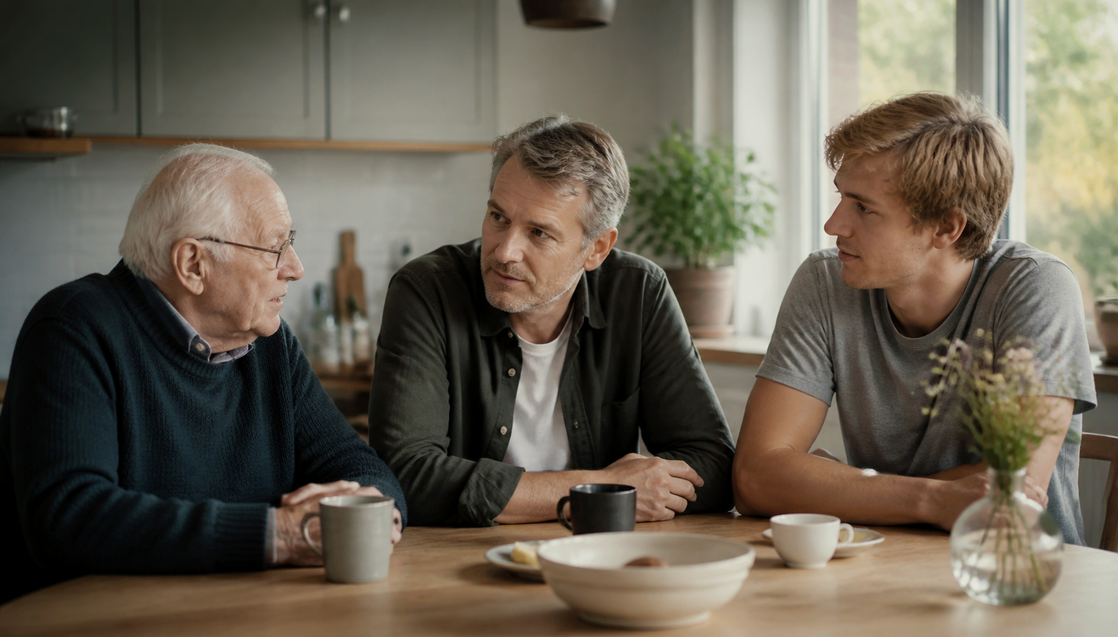 Tre generationer i en familj samtalar vid ett köksbord om sjukdomshistorik och ärftlighet för hjärt-kärlsjukdom