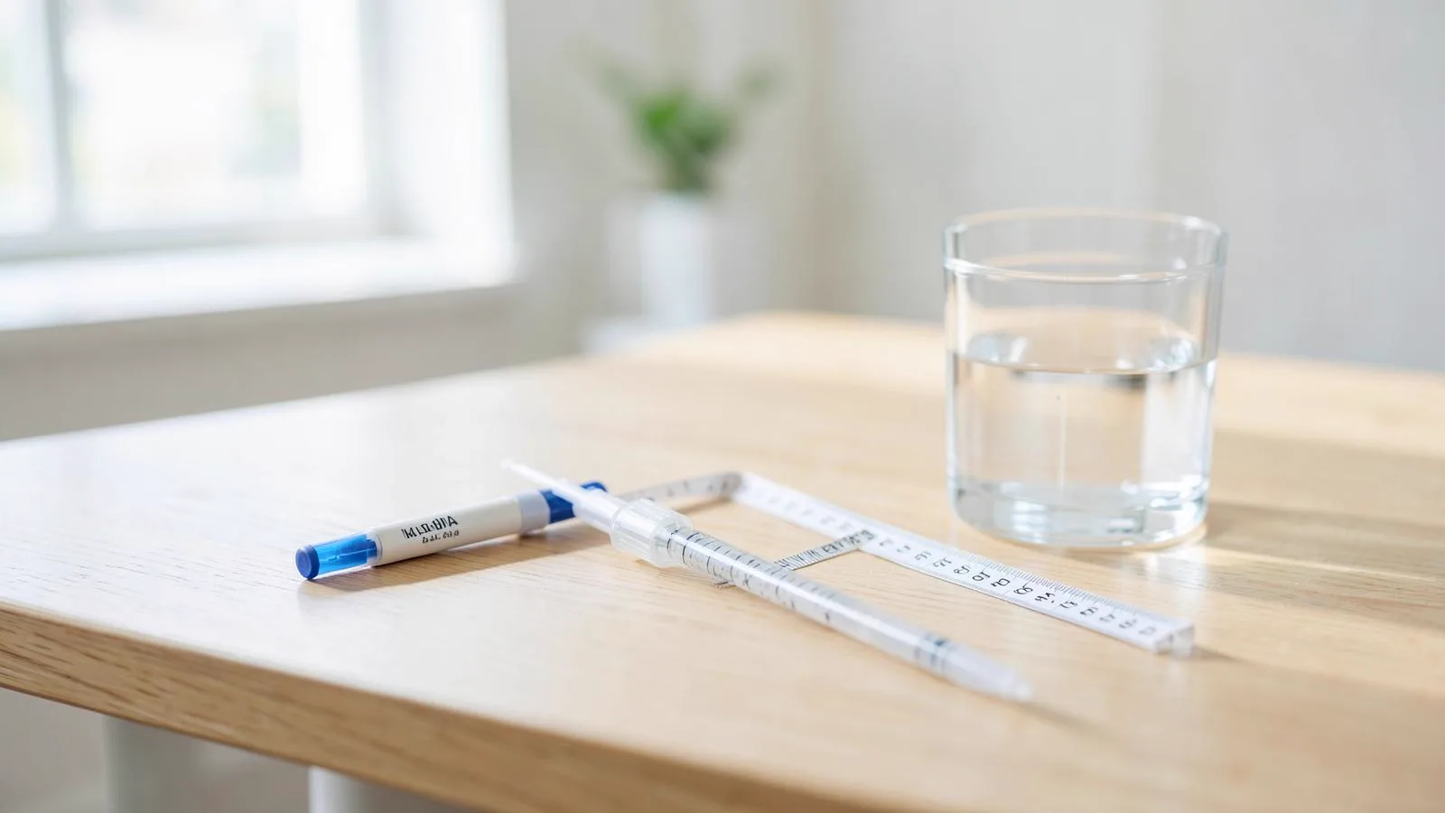 Injektionspenna med läkemedel, måttband och ett glas vatten på ett ljust träbord i skandinavisk klinikmiljö