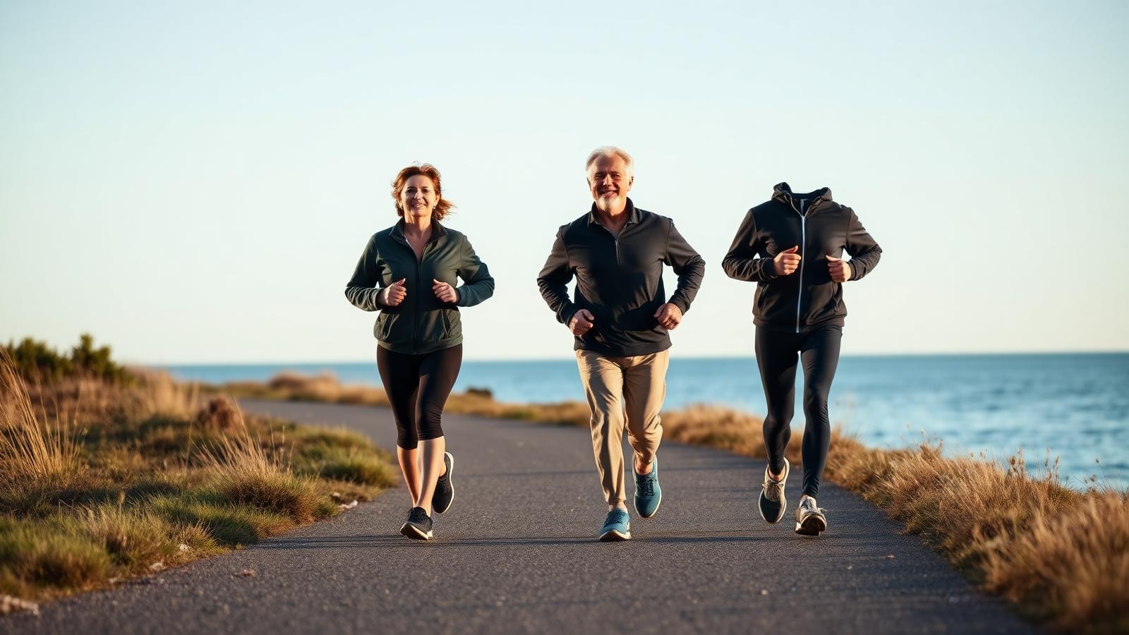 Man och kvinna i 50-årsåldern joggar tillsammans i morgonljus längs kustpromenad
