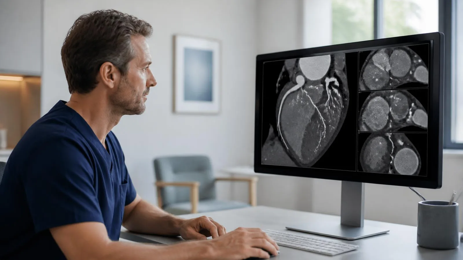Läkare granskar bilder av kranskärlen från datortomografi på en skärm i en ljus svensk klinik