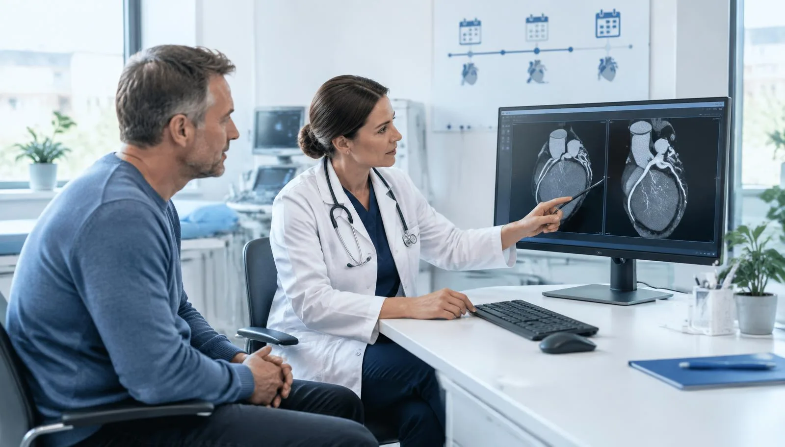 Patient och hjärtläkare jämför bilder från två hjärtscanningar på en skärm
