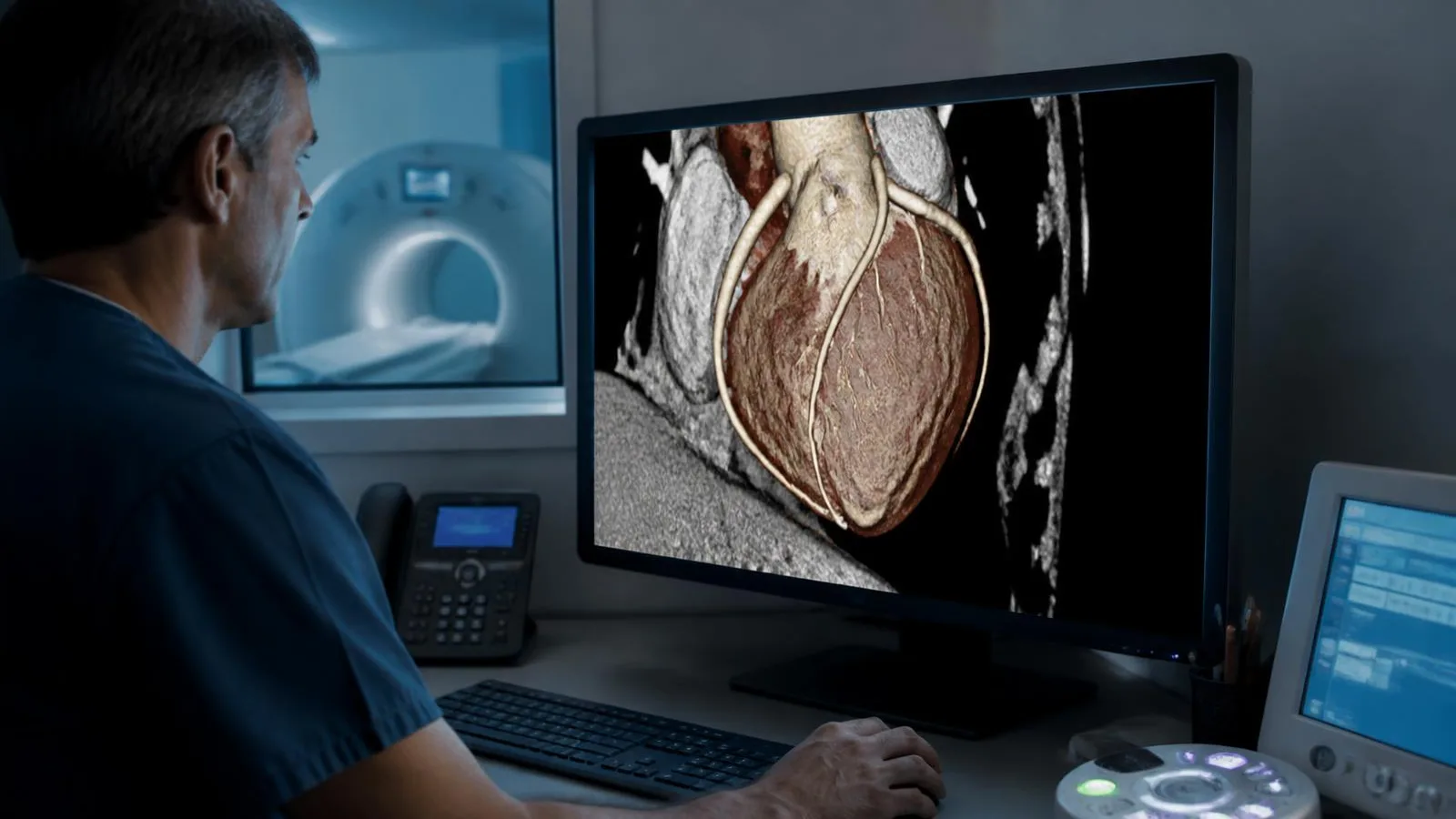 Datortomografibild av kranskärl med kontrast där mjukt, icke-förkalkat plack framträder i kärlväggen
