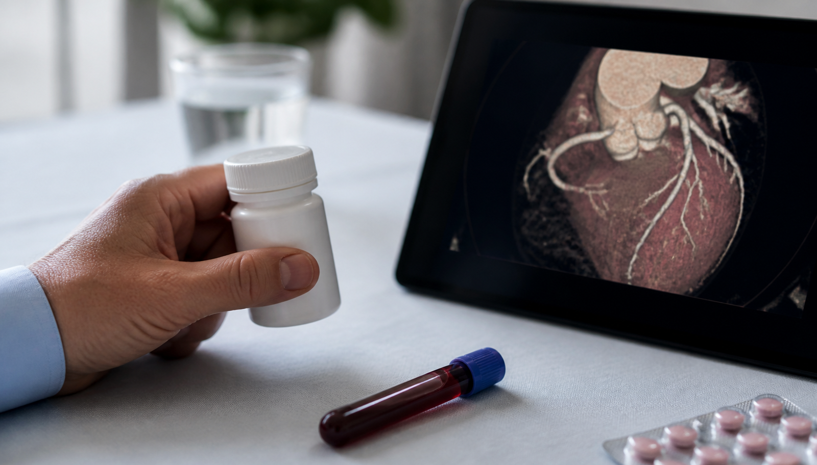 Hand som håller en burk med kolesterolsänkande medicin, ett blodprovsrör och en skärm med bild av kranskärlen