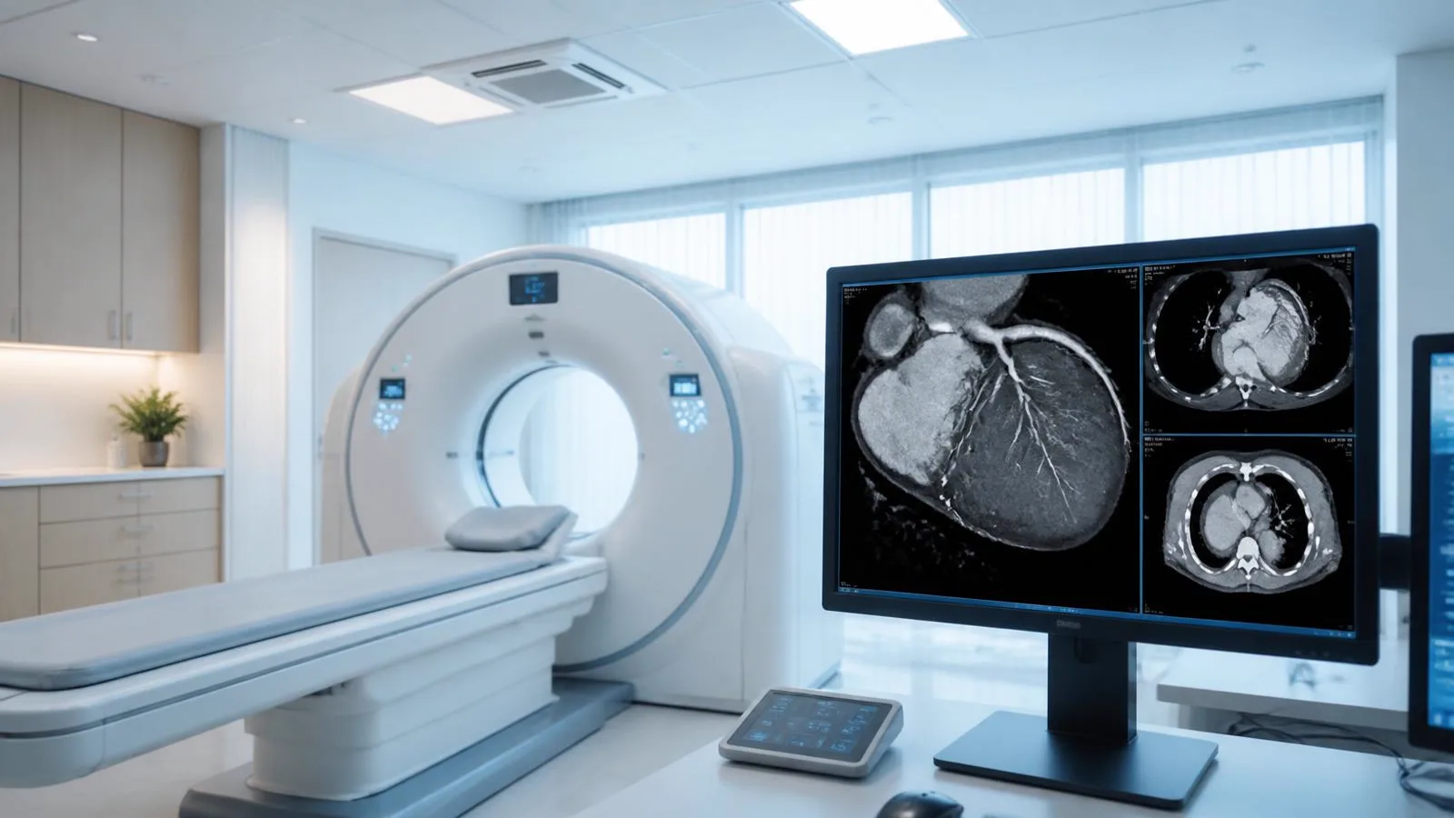 Datortomograf i ljus klinikmiljö med skärm som visar bilder av hjärtats kranskärl