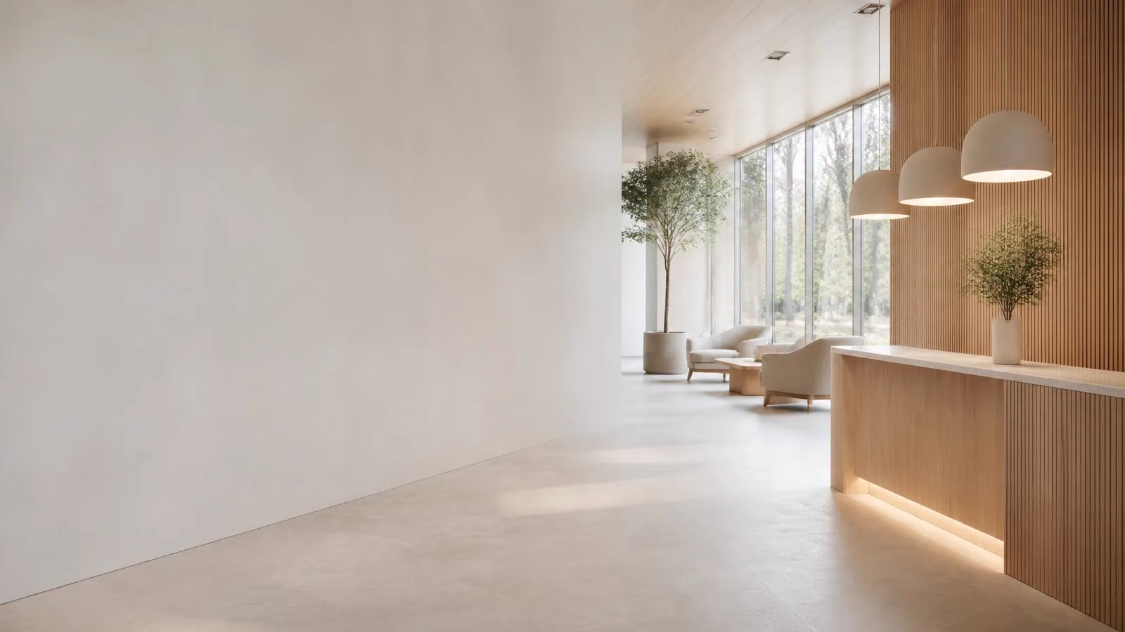 Ljus reception i en modern skandinavisk hjärtklinik med trä och dagsljus