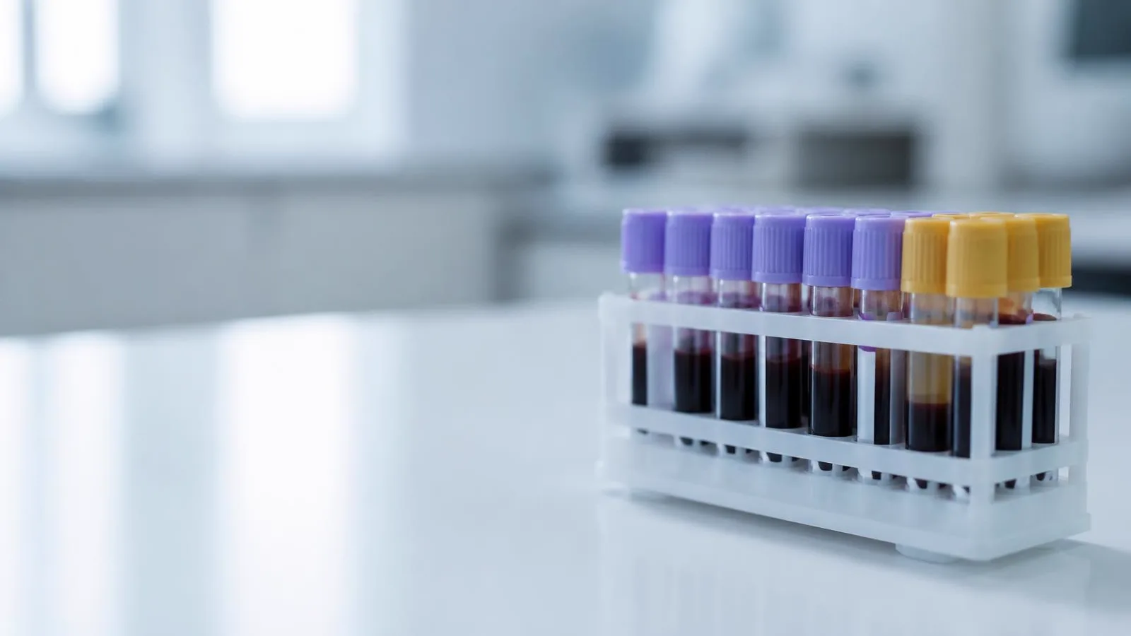 Ställ med provrör för blodprov och analys av LDL-kolesterol på en laboratoriebänk