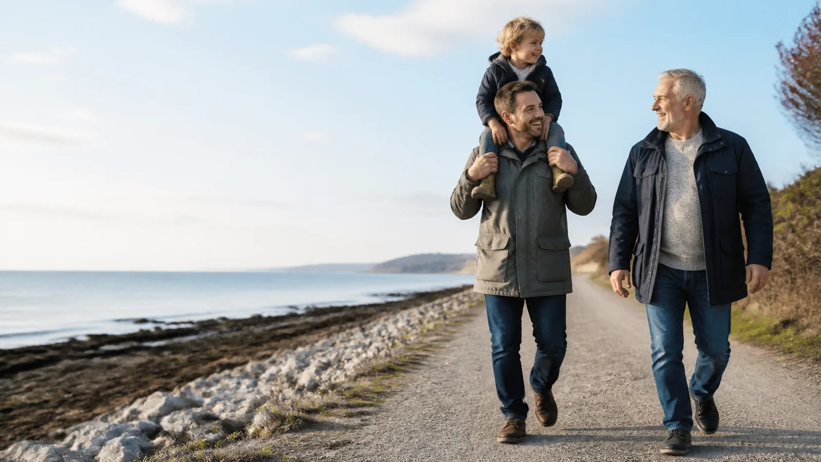 Tre generationer i en frisk nordisk familj promenerar tillsammans längs en ljus kustväg