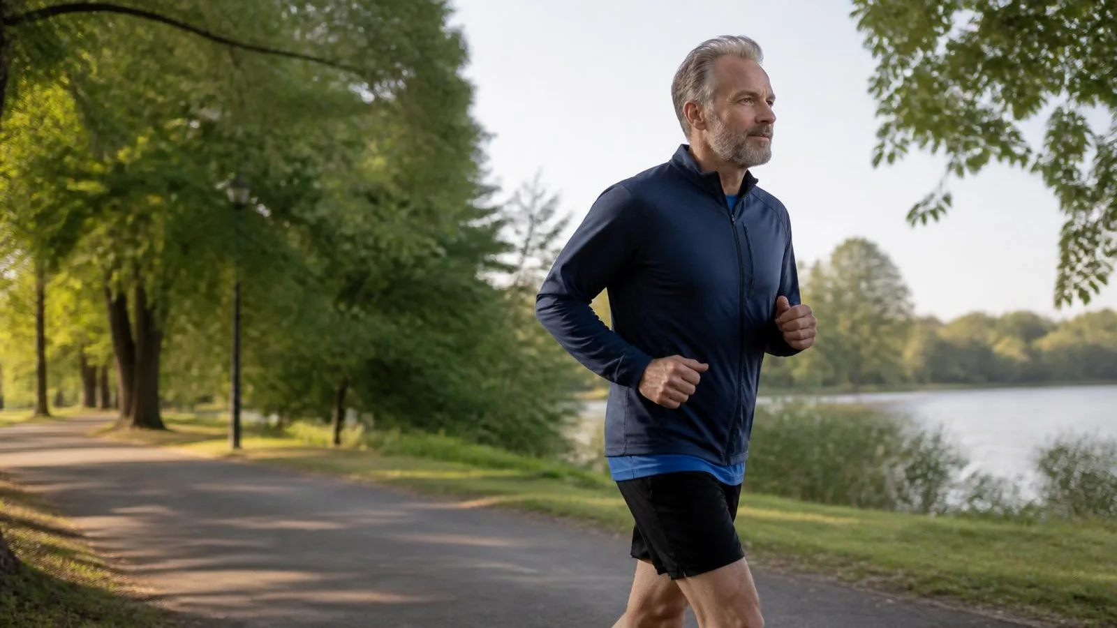 Man i femtioårsåldern joggar på en parkväg i morgonljus – frisk livsstil utan klassiska riskfaktorer