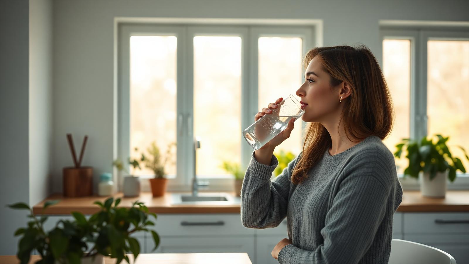 Kvinna dricker vatten i ljust kök med utsikt över grönska en solig morgon