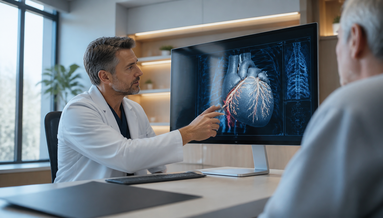 Specialist granskar datortomografibilder av kranskärl på högupplöst skärm i modern klinikmiljö