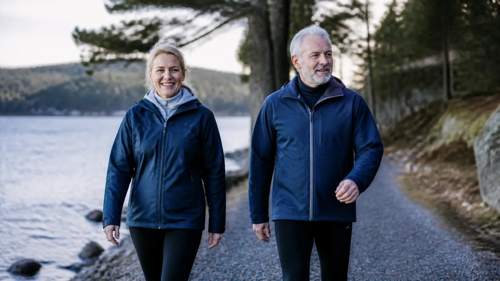 Par i 50-årsåldern på rask promenad längs sjö i svenskt landskap i morgonljus