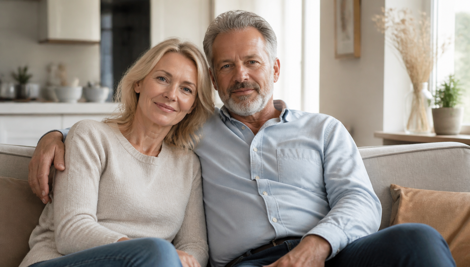 Par i femtioårsåldern sitter nära varandra i ljust skandinaviskt vardagsrum, trygg och avspänd stämning