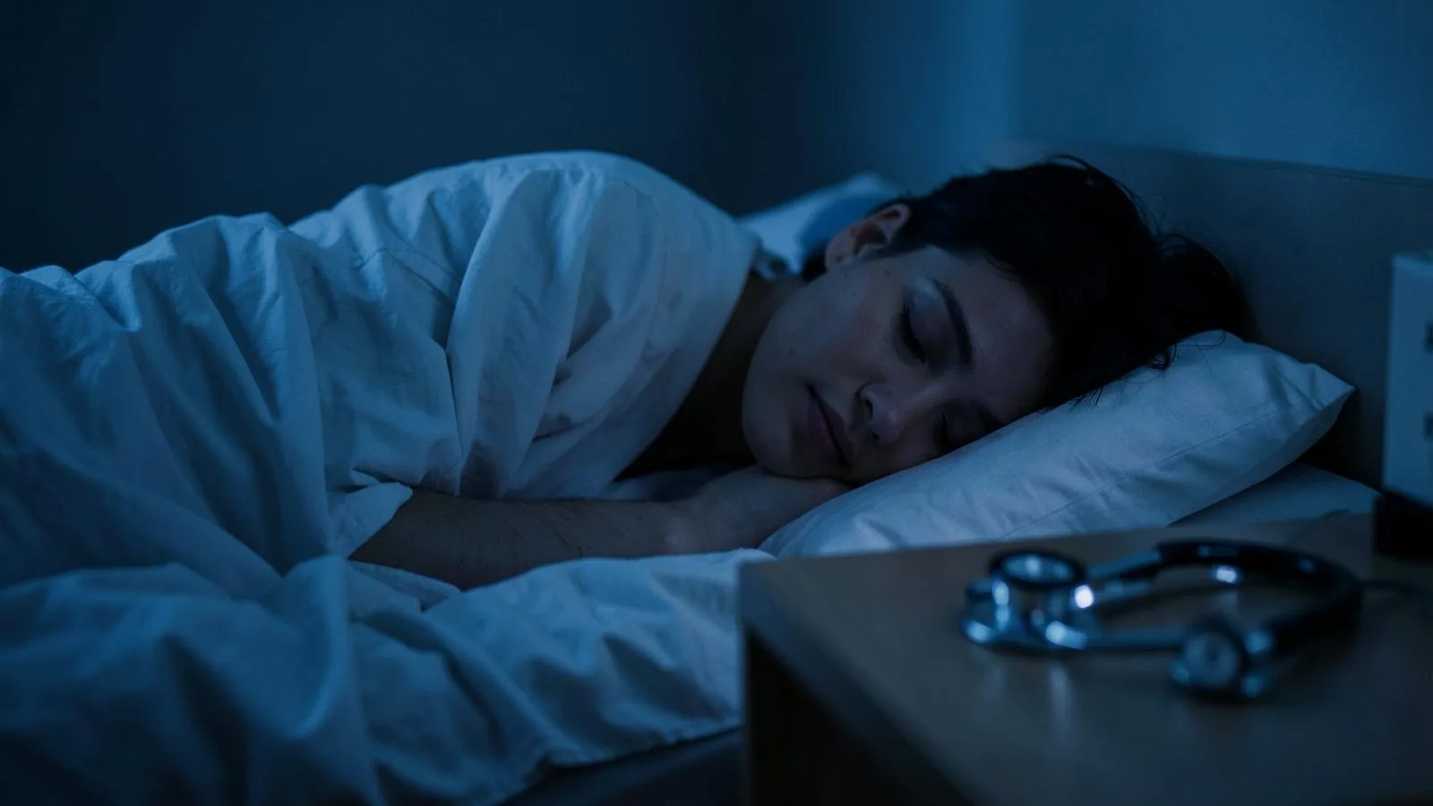 Person som sover i säng i mörkt sovrum med stetoskop i förgrunden – sömnens betydelse för hjärthälsa