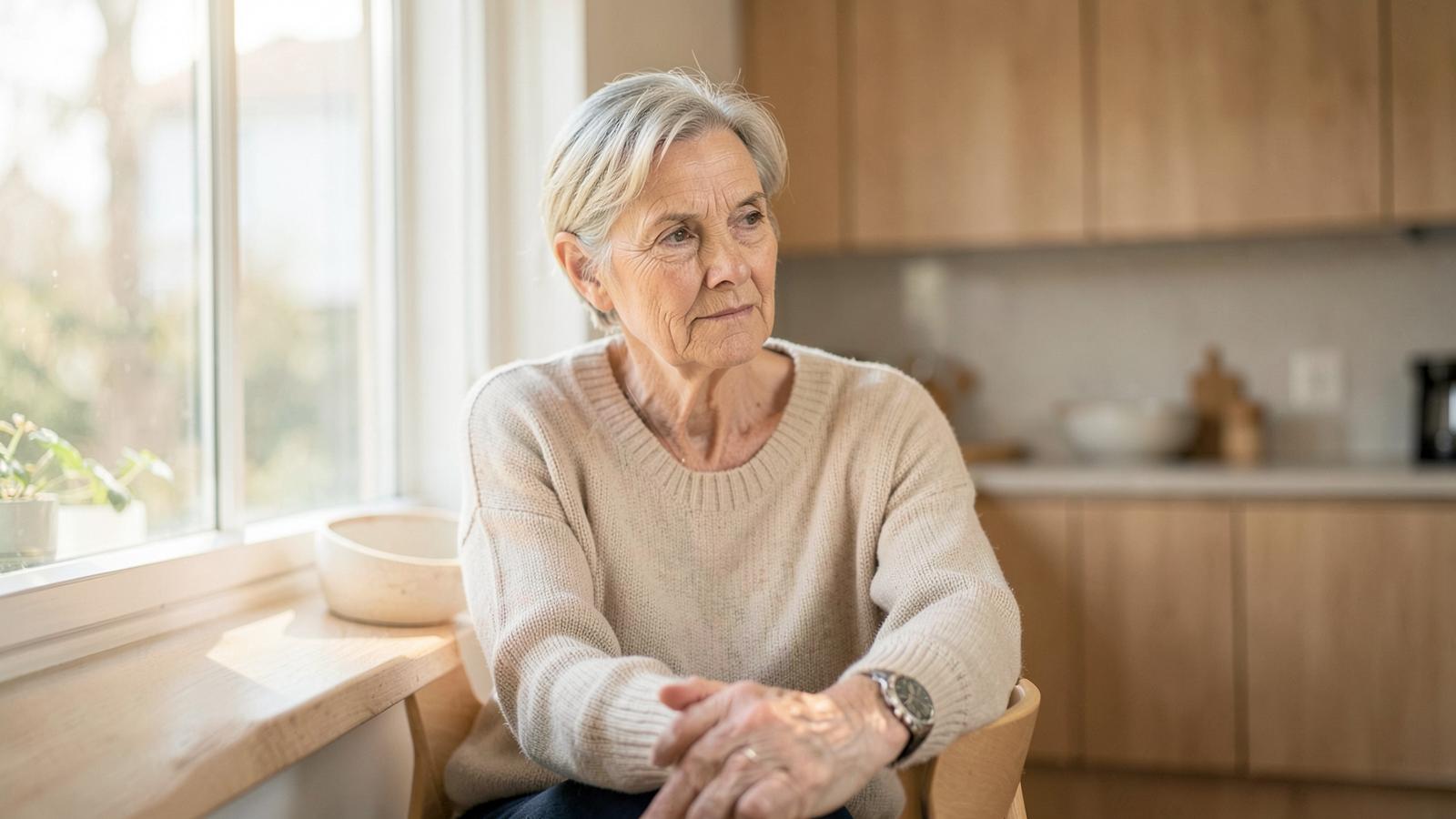 Person i 50-årsåldern sitter eftertänksamt vid ett köksfönster i ett ljust skandinaviskt hem
