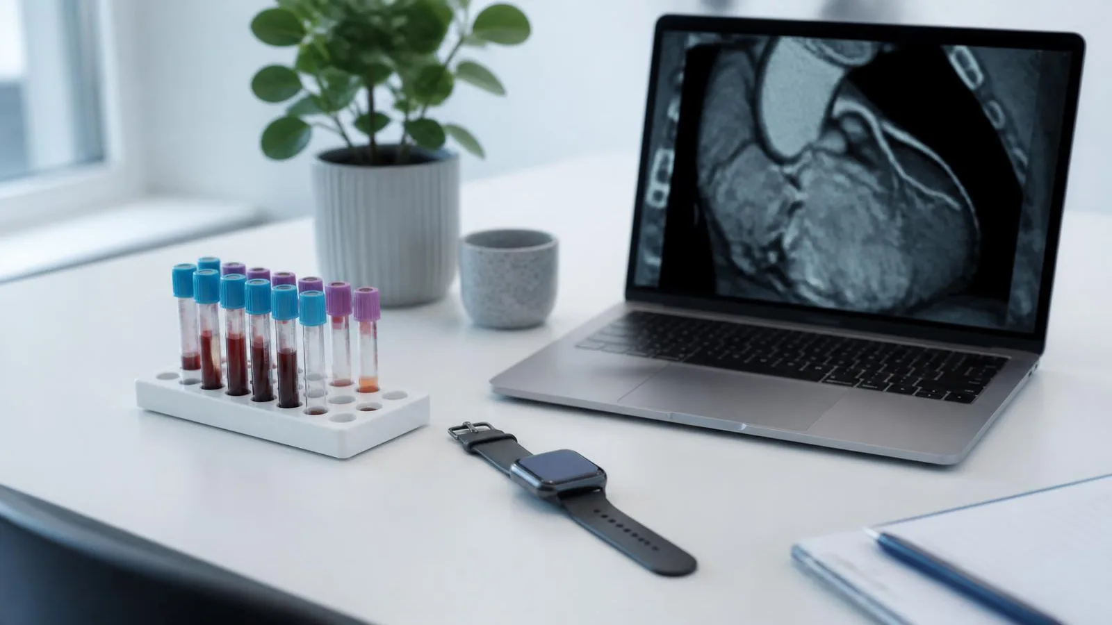 Provrör, smartklocka och laptop med bild av kranskärl på ljust skrivbord i klinikmiljö