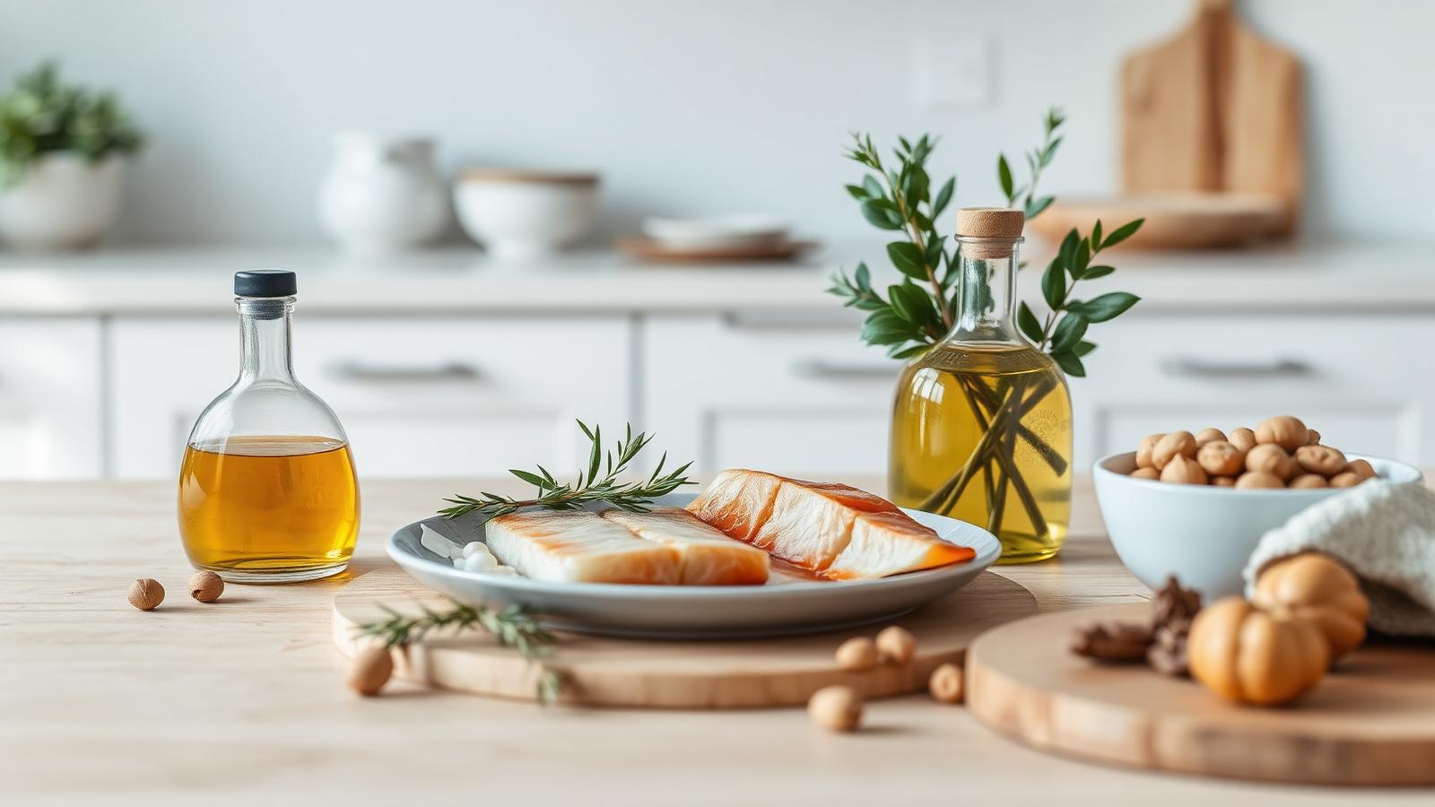 Ljus frukost med havregrynsgröt, bär, nötter och avokado på ljust köksbord