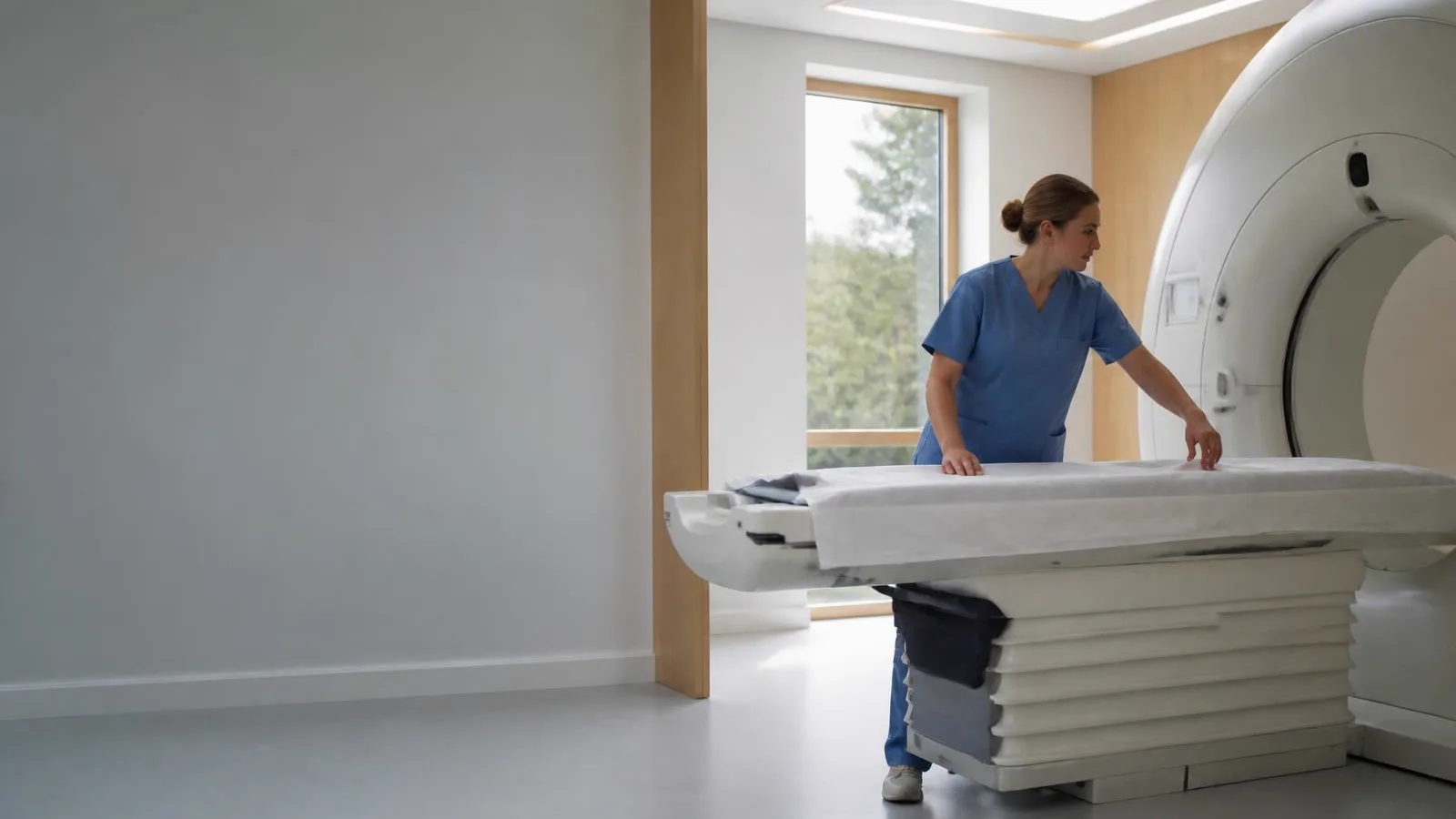 Röntgensjuksköterska förbereder en datortomograf för hjärtscanning i ljus klinikmiljö