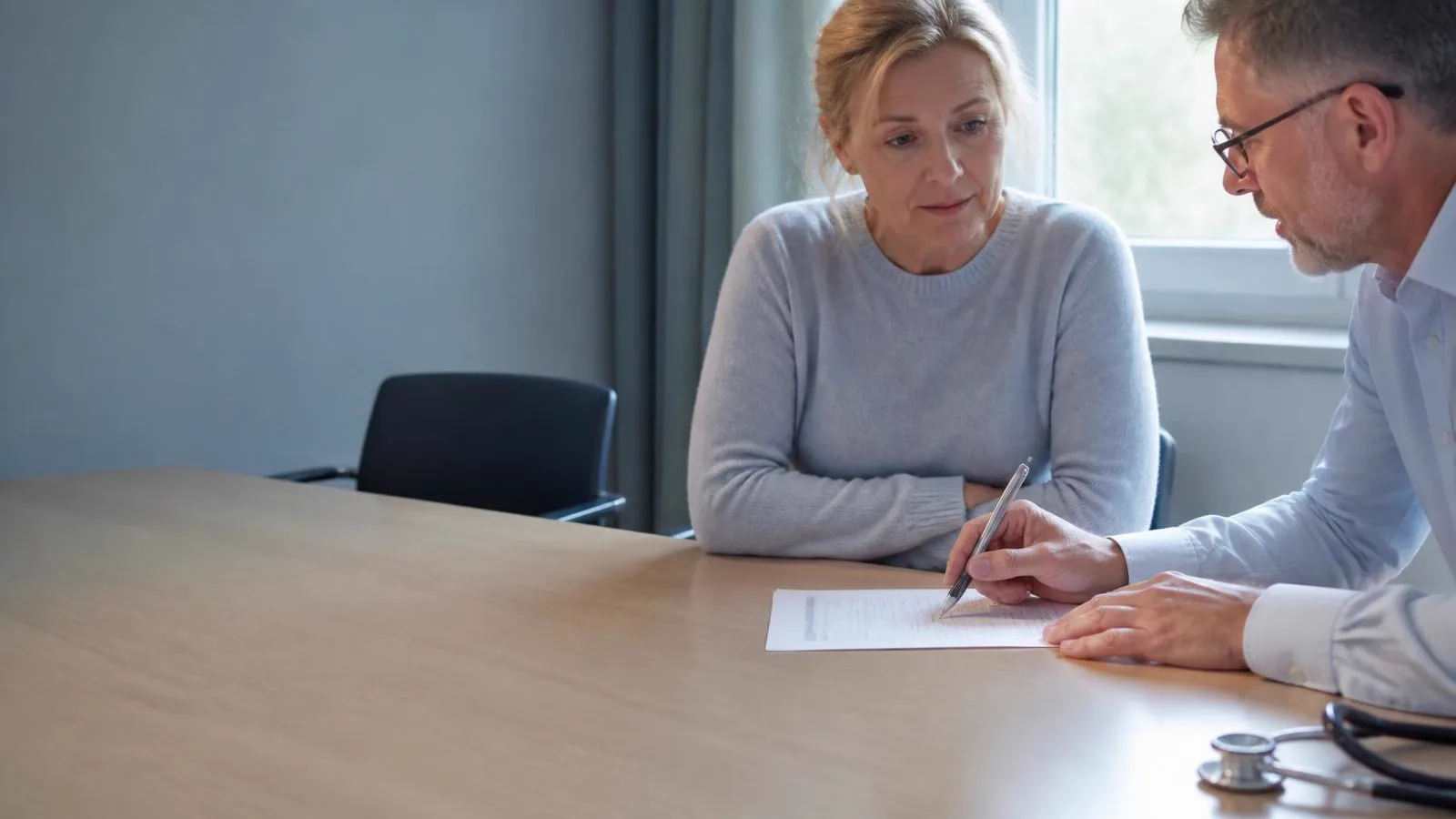 Hjärtläkare går igenom ett blodfettssvar tillsammans med en patient vid ett bord