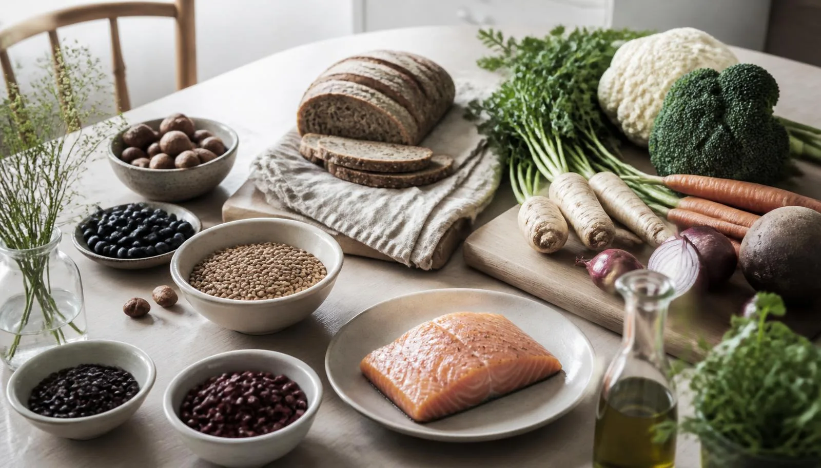 Bord med grönsaker, baljväxter, fullkorn, nötter, bär och fisk i ljus skandinavisk miljö