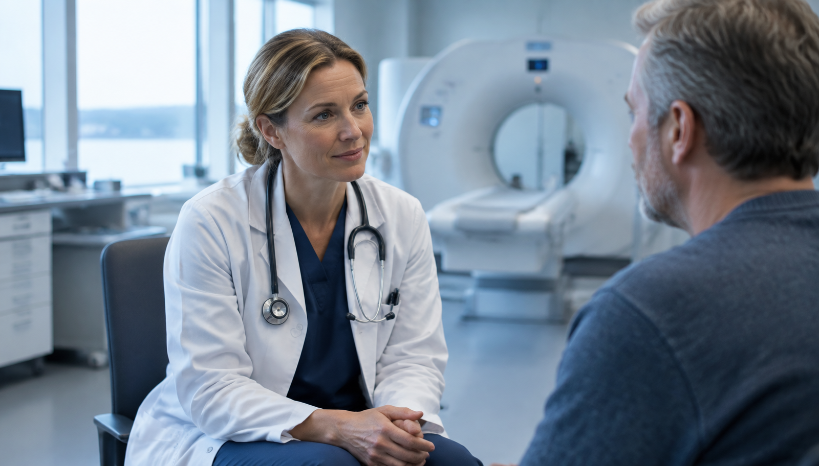 Hjärtläkare i samtal med patient framför en datortomograf – vem bör inte göra en hjärtscanning